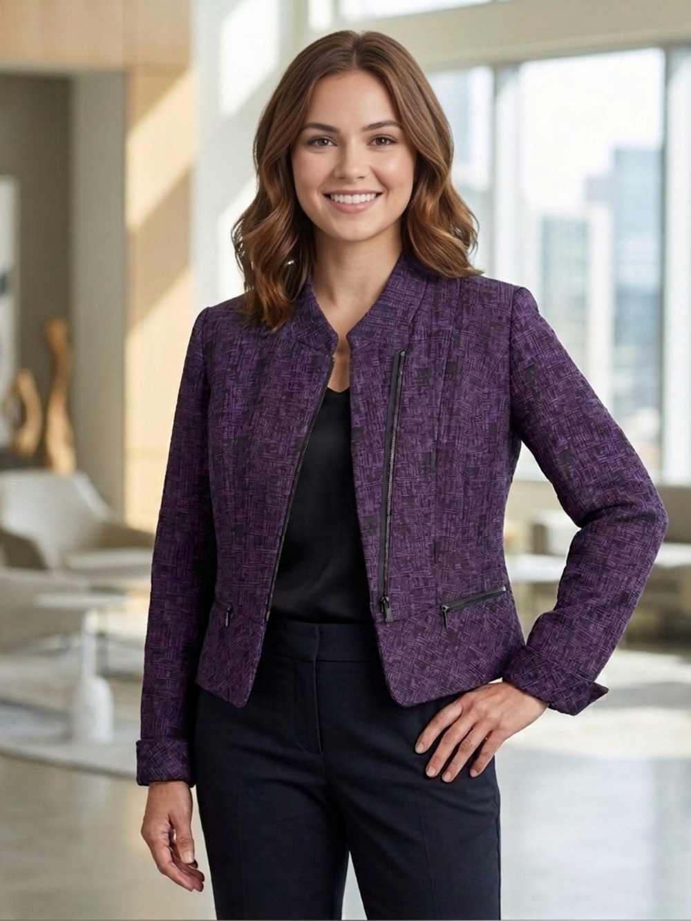 Mary Kay Purple Textured Zip-Front Blazer